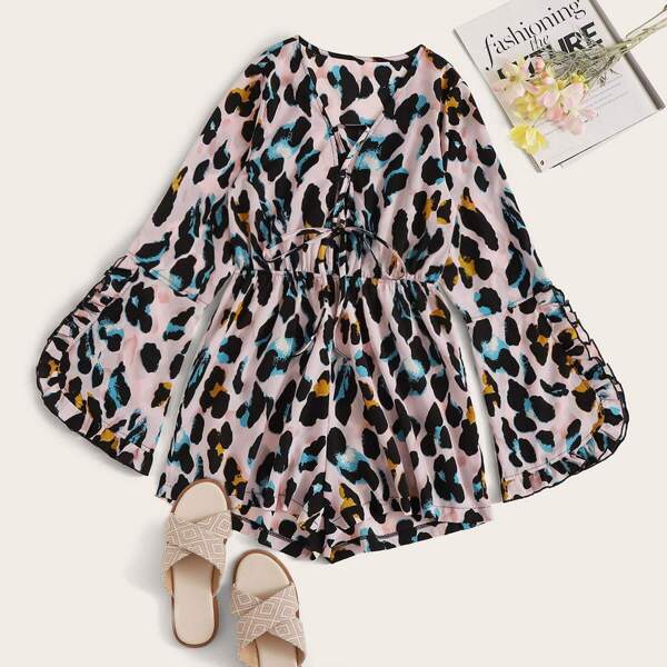 

Leopard Print Tie Neck Frill Trim Jumpsuit