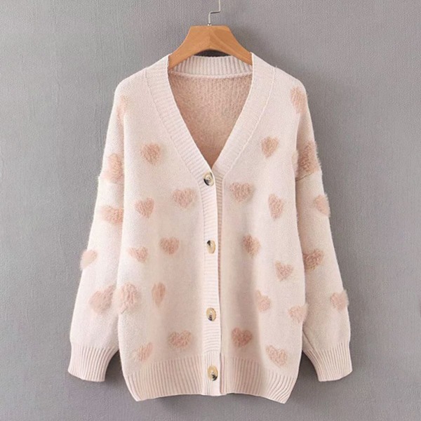 

Heart Pattern Shaggy V-Neck Sweater, Beige