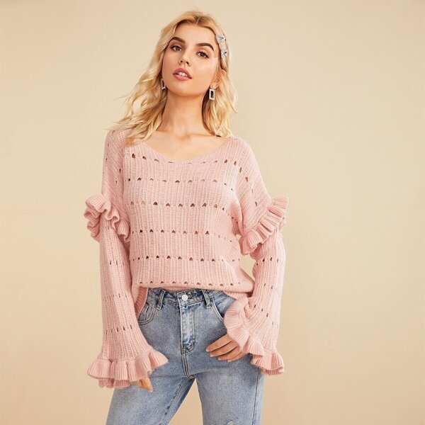 

Pointelle Knit Ruffle Trim Sweater