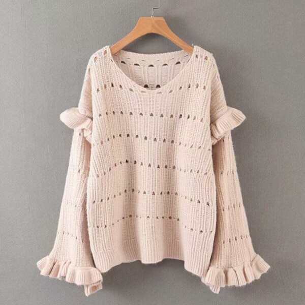 

Ruffle Cuff Pointelle Knit V-Neck Sweater