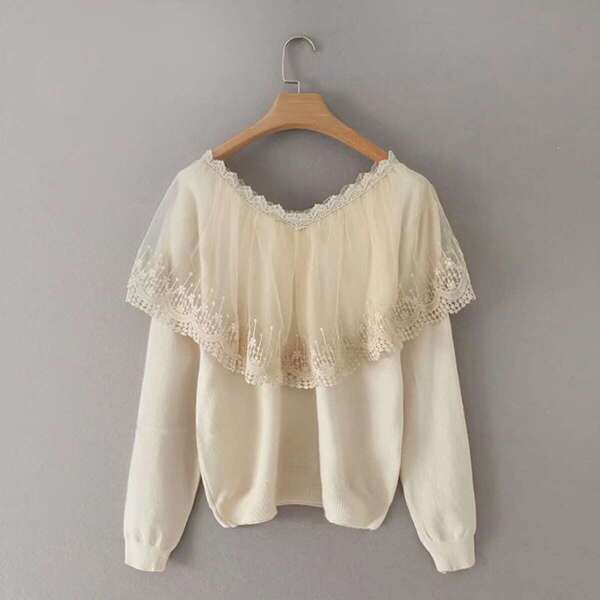 

Contrast Mesh Scallop Lace Trim Sweater