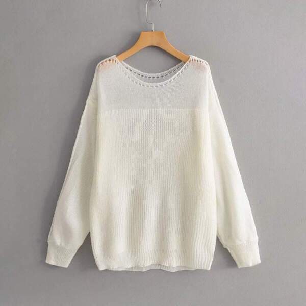 

Pointelle Knit Dropped Shoulder Sweater