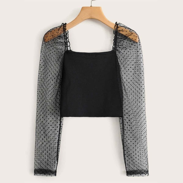 

Contrast Dobby Mesh Sleeve Square Neck Top