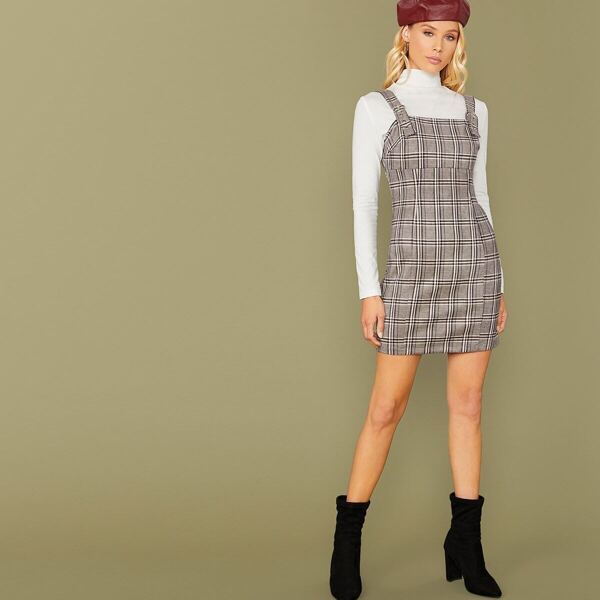 

High Waist Plaid Overall Bodycon Dress