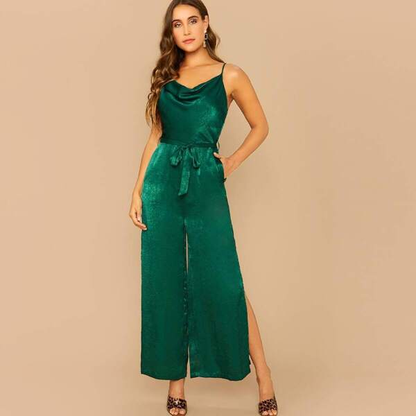 

Draped Neck Belted Split Side Wide Leg Satin Jumpsuit