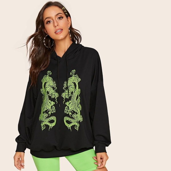 

Drop Shoulder Dragon Print Hooded Sweatshirt, Black