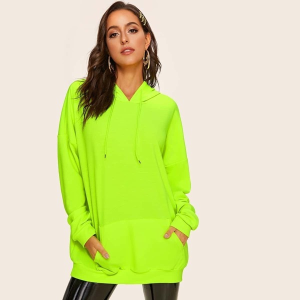 

Drop Shoulder Solid Neon Green Hooded Sweatshirt