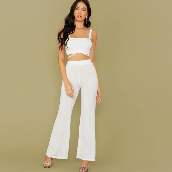 

Knot Back Crop Top & Flare Leg Pants Set, White