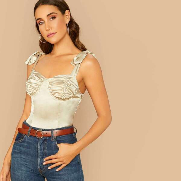 

Knotted Strap Shirred Bustier Satin Top