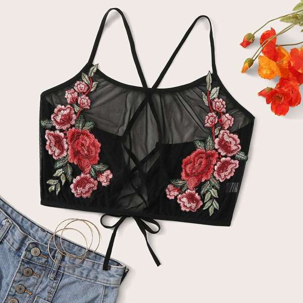 

Plus Flower Appliques Lace Up Bralette, Black