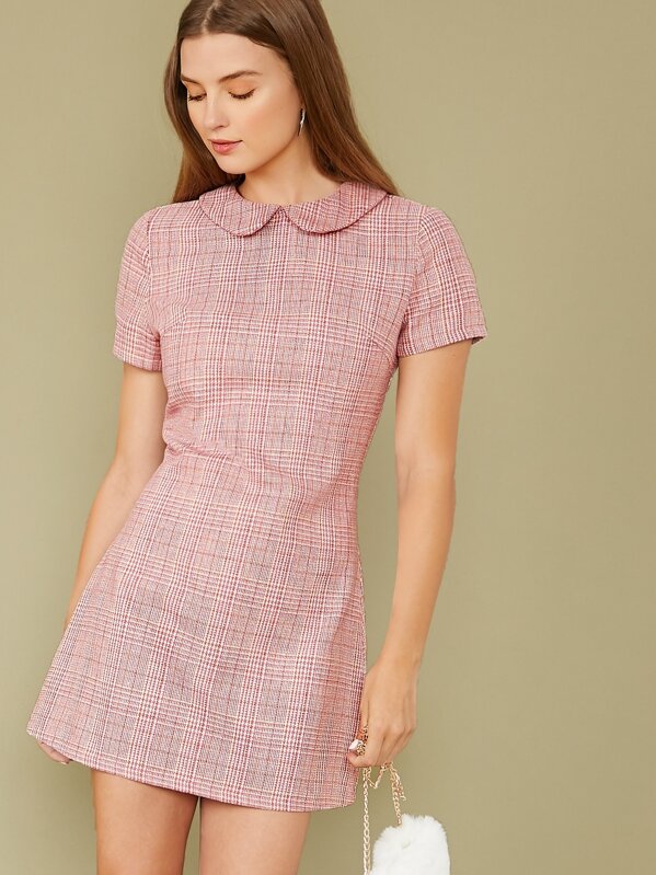 

Peter-Pan-Collar Plaid Dress, Pink, Amanda Mondale