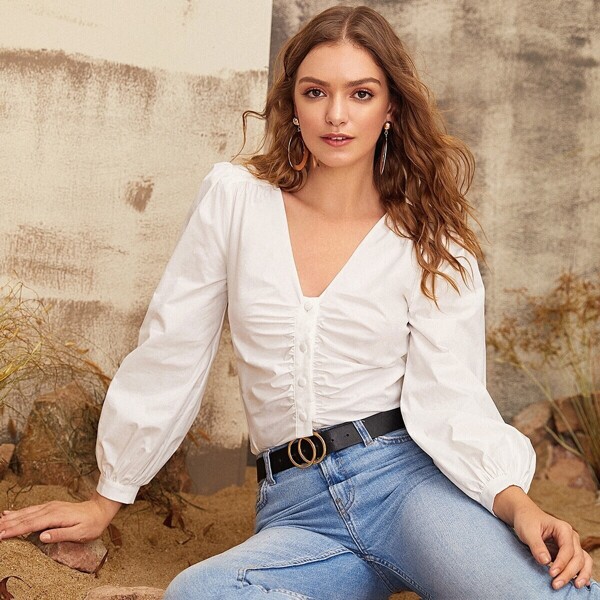 

Button Front Ruched Detail Top, White