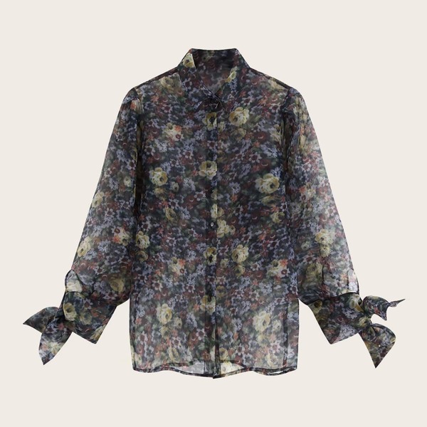 

Allover Floral Print Knot Cuff Blouse