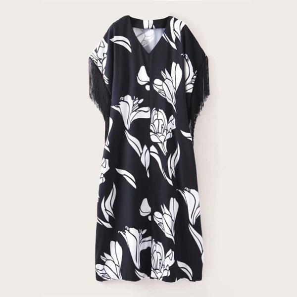 

Fringe Trim Floral Print Tunic Dress