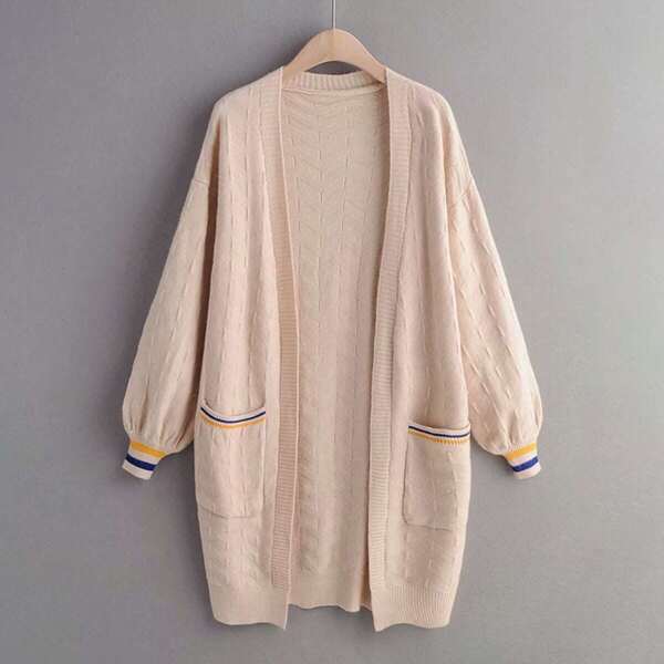 

Contrast Trim Pocket Side Cardigan, Khaki