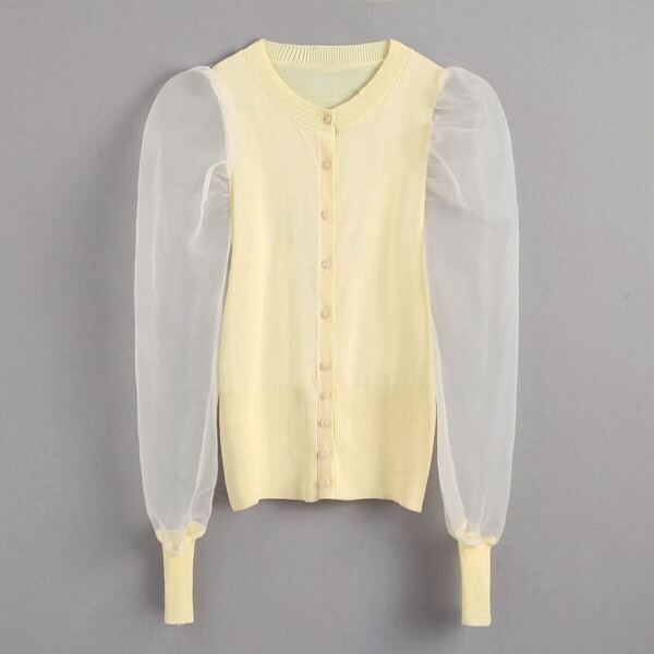 

Contrast Mesh Puff Sleeve Cardigan