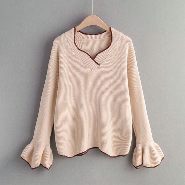 

Contrast Binding Flounce Sleeve Jumper