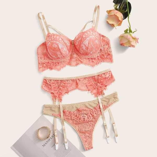 

Floral Lace Underwire Garter Lingerie Set