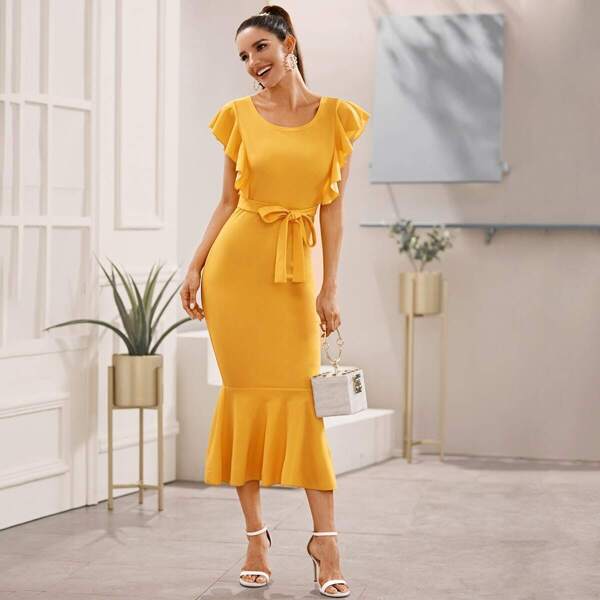 

Ruffle Armhole Fishtail Hem Belted Dress, Yellow bright