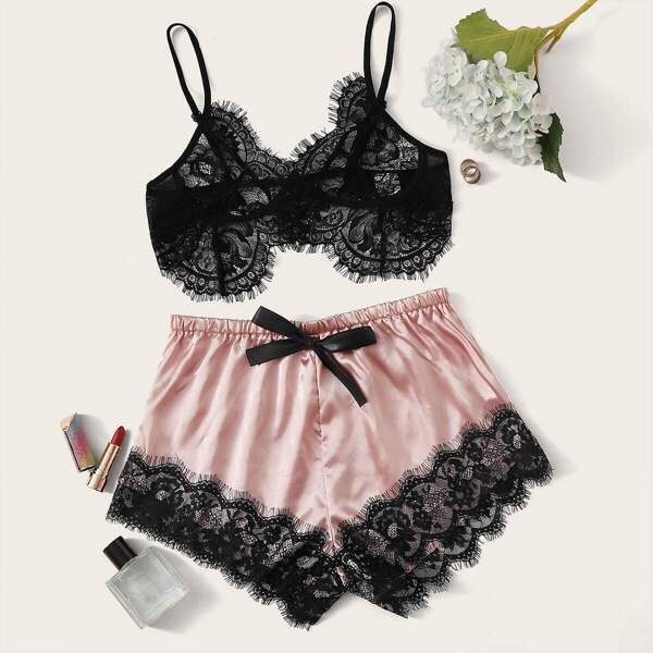 

Eyelash Floral Lace Bralette With Satin Shorts