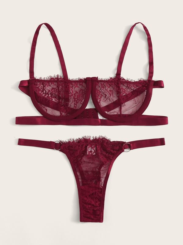 

Floral Lace Underwire Lingerie Set, Burgundy