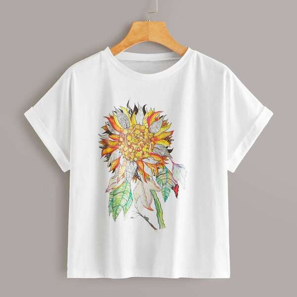 

Sunflower Print Roll Up Sleeve Tee