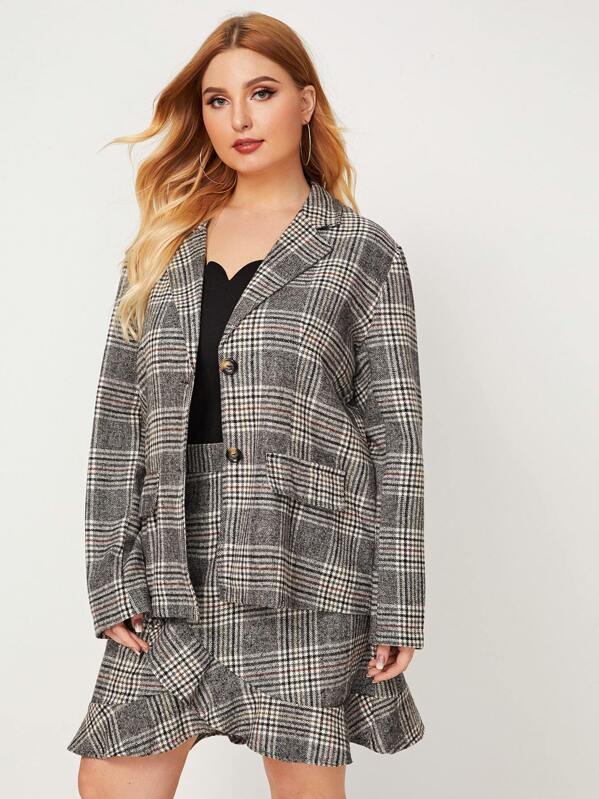 

Plus Plaid Single Breasted Blazer, Grey, Nora