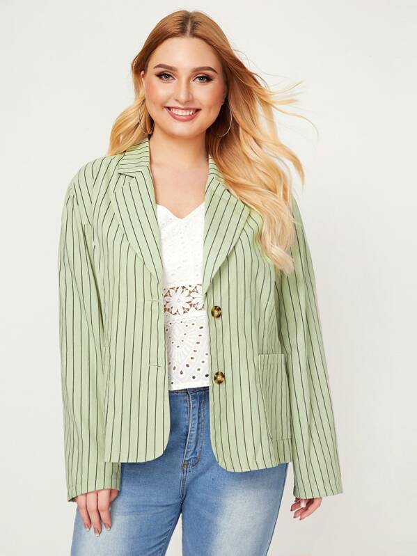 

Plus Striped Lapel Collar Blazer, Green, Nora