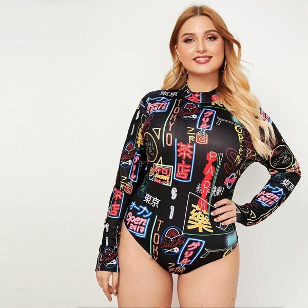 

Plus Letter Print Mock Neck Bodysuit, Multicolor