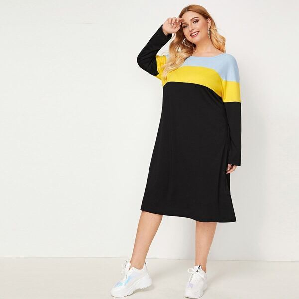 

Plus Colorblock Drop Shoulder Tee Dress, Black