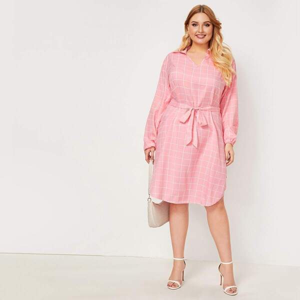 

Plus Plaid Curved Hem Belted Dress