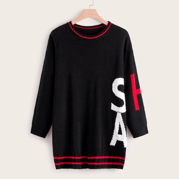 Plus Letter Graphic Drop Shoulder Sweater Dress