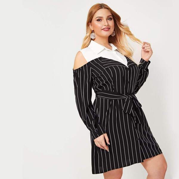 

Plus Colorblock Cold Shoulder Belted Dress, Black