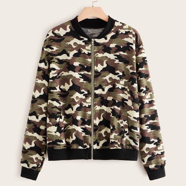 

Plus Camo Print Zip Up Bomber Jacket, Multicolor