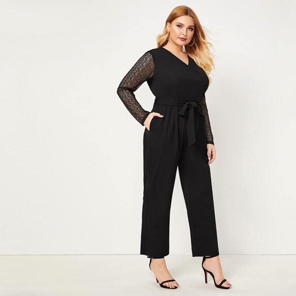 

Plus Contrast Lace Sleeve Belted Jumpsuit, Black