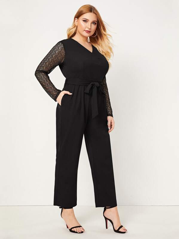 

Plus Contrast Lace Sleeve Belted Jumpsuit, Black, Nora