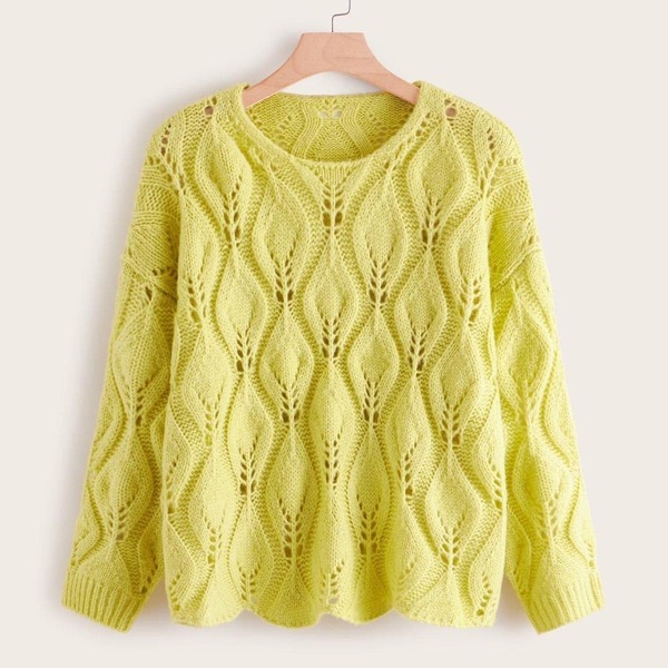 

Plus Cable Knit Scallop Trim Sweater, Yellow
