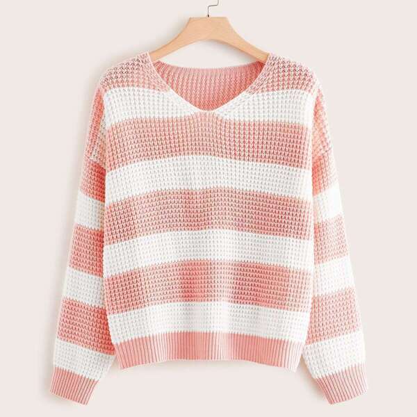 

Plus Block Stripe V Neck Sweater, Pink