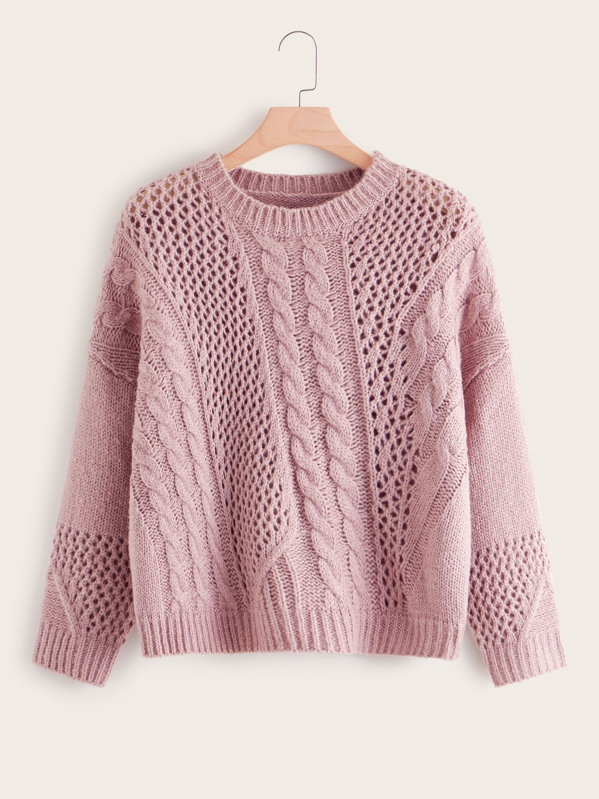

Plus Cable Knit Drop Shoulder Sweater, Pink