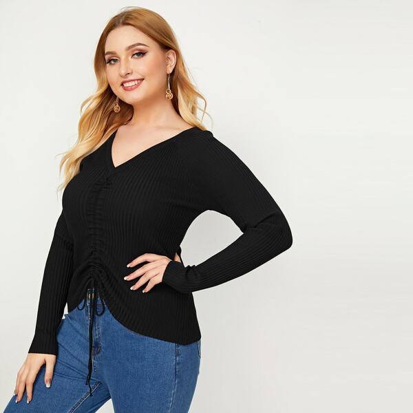 

Plus Drawstring Front V Neck Sweater