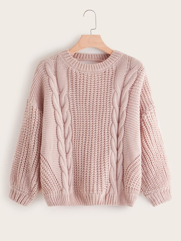 

Plus Cable Knit Keyhole Back Sweater, Pink
