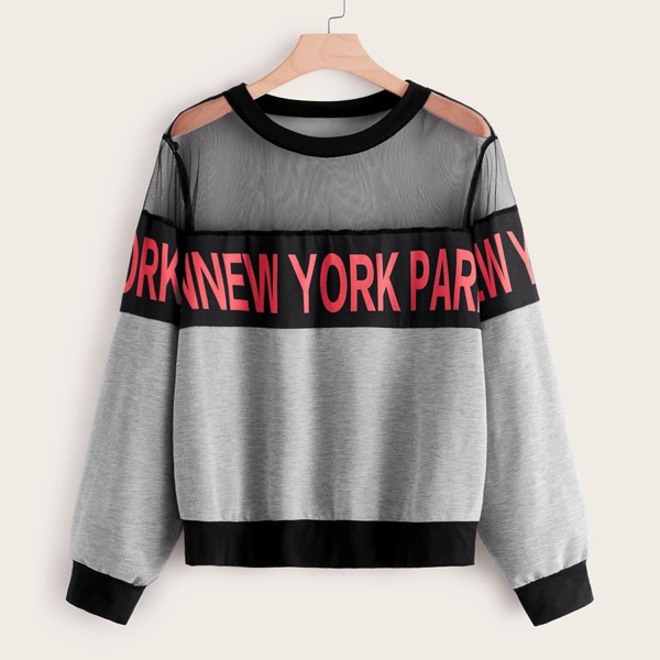 

Plus Mesh Insert Letter Graphic Sweatshirt, Grey