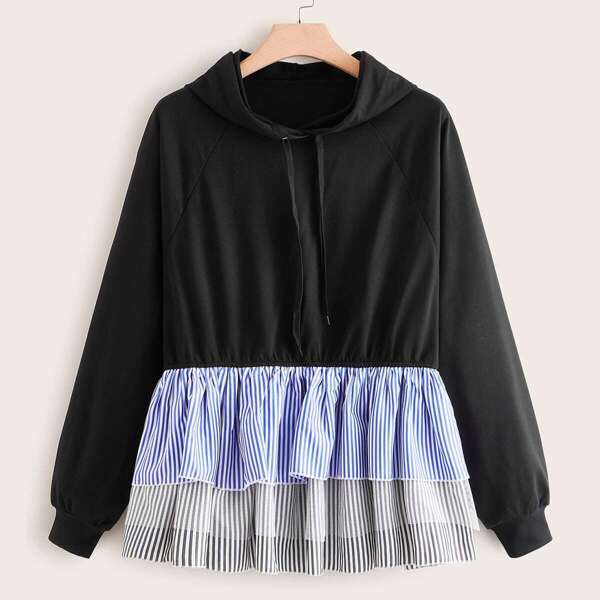 

Plus Striped Drawstring Peplum Hoodie, Black