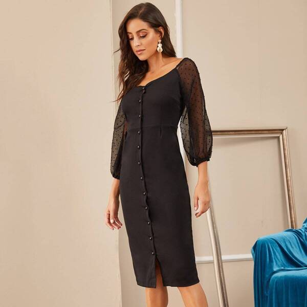 

Contrast Dobby Mesh Button Front Dress, Black