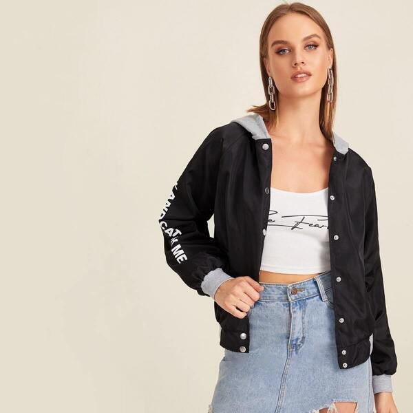 

Contrast Panel Car & Letter Print Hooded Jacket