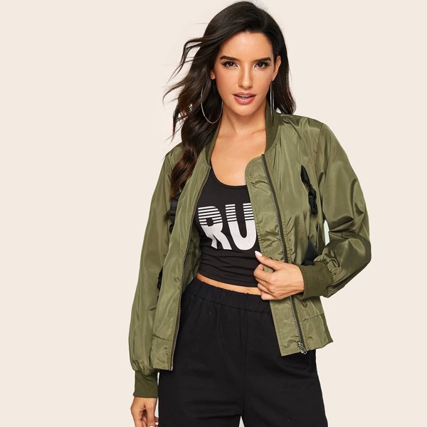 

Buckle Detail Zip Front Bomber Jacket