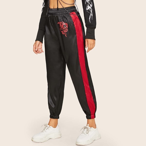 

Contrast Panel Snake Print Elastic Waist Pants, Black