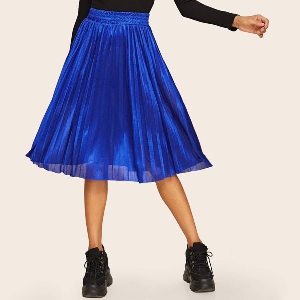 

Pleated Hem Elastic Waist Skirt, Blue