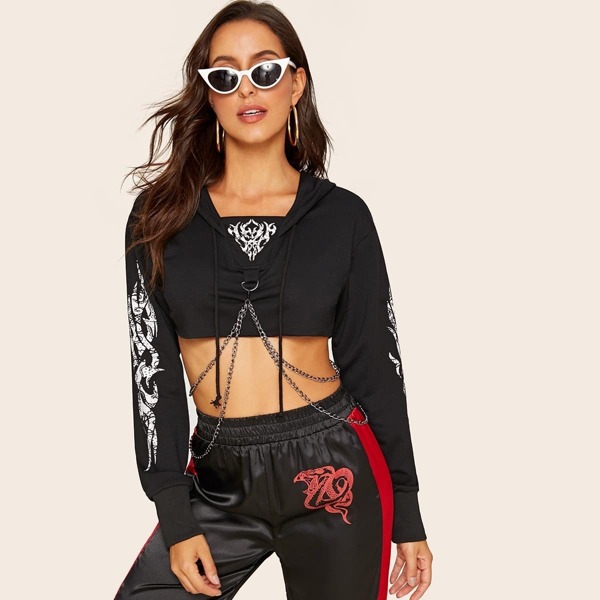 

Tribal Print Chain Detail Crop Hoodie, Black