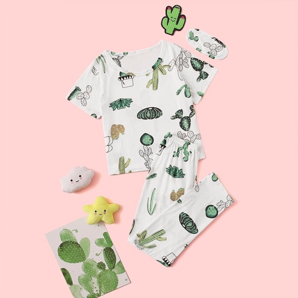 

Girls Cactus Print PJ Set With Eye Mask, Multicolor